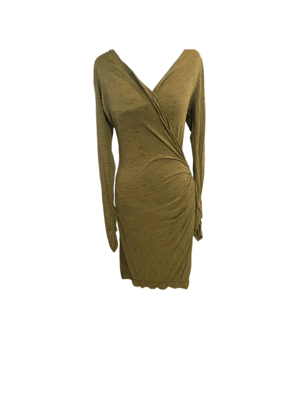 max studio dress Olive Green Faux Wrap Mini Ruched Long Sleeve Sz S Body Con